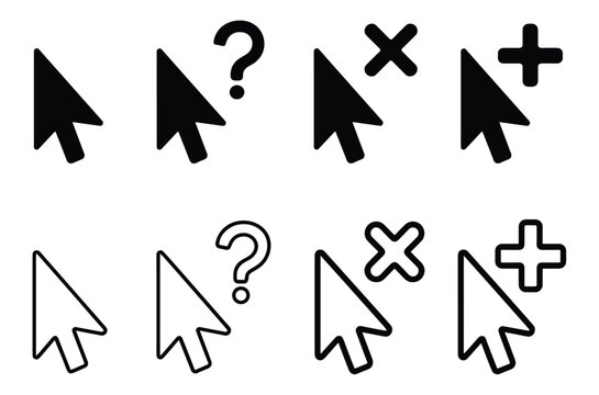 Set of black computer mouse cursor arrow with question mark cross and plus symbols in solid and outline styles on a white background