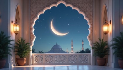 Naklejka premium View from ornate balcony archway at night sky with crescent moon over mosque domes and minarets. Lanterns illuminate terrace with potted plants, creating peaceful atmosphere.