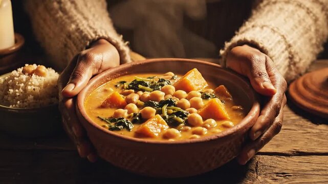 Hands holding chickpea sweet potato stew bowl on rustic wooden table