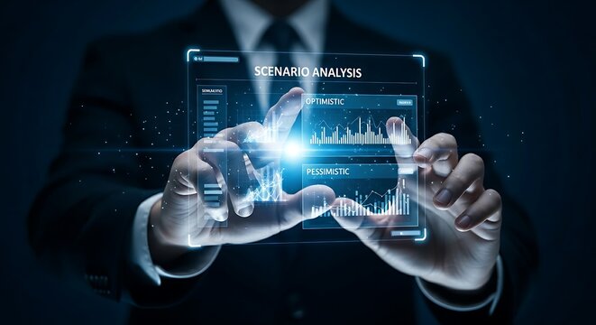 Scenario analysis concept. A CEO's hands interact with a hologram to simulate different business futures (optimistic, pessimistic) and see the projected outcomes.