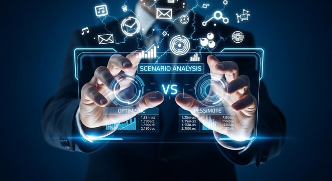 Scenario analysis concept. A CEO's hands interact with a hologram to simulate different business futures (optimistic, pessimistic) and see the projected outcomes.
