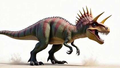 Fototapeta premium Fierce dinosaur roars with sharp teeth and horns. This powerful prehistoric creature walks on sandy ground. Illustration of extinct animal, paleontology, wild nature.