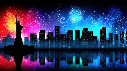Fototapeta premium Silhouette of the Statue of Liberty against a vibrant city skyline with colorful fireworks illuminating the night sky