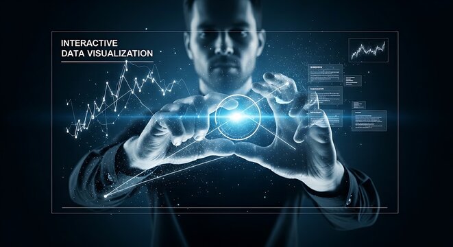Interactive data visualization concept. An analyst's hands 'pinch to zoom' on a specific point in a holographic scatter plot to reveal more detailed information.