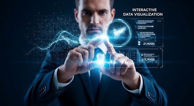 Interactive data visualization concept. An analyst's hands 'pinch to zoom' on a specific point in a holographic scatter plot to reveal more detailed information.