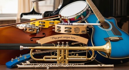 Obraz premium Vibrant Musical Instruments Stacked Together