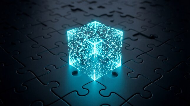 Glowing digital cube integrating securely on a puzzle grid, symbolizing blockchain technology for data solutions.
