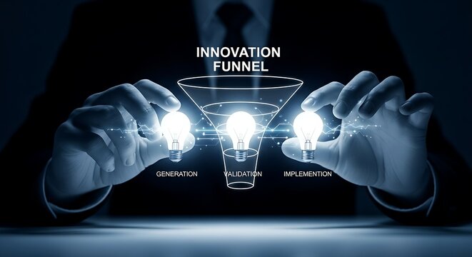 Innovation funnel concept. An innovation manager's hands organize a holographic funnel, moving idea lightbulbs through 'generation, validation, and implementation' stages.
