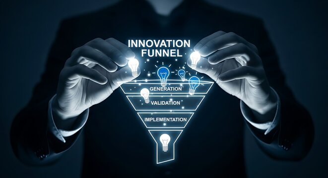 Innovation funnel concept. An innovation manager's hands organize a holographic funnel, moving idea lightbulbs through 'generation, validation, and implementation' stages.
