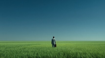 Fototapeta premium Business Person Stands in Green Field Looking at the Horizon With Briefcase in Hand, Illustrating Corporate Sustainability and Green Economy Goals