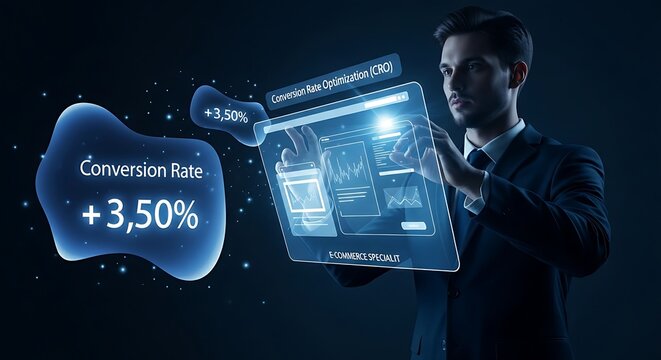 Conversion Rate Optimization (CRO) concept. An e-commerce specialist's hands adjust elements on a holographic product page, watching the conversion percentage increase in real-time.