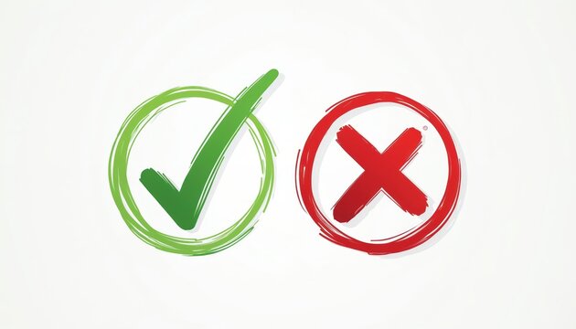 Green checkmark and red cross symbols with rough brush strokes. Icons show approval or rejection for decision making, yes or no choices, and correct wrong options on white.