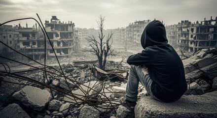 Fototapeta premium A desolate scene depicting a child in a war-torn environment, reflecting on the destruction and loss
