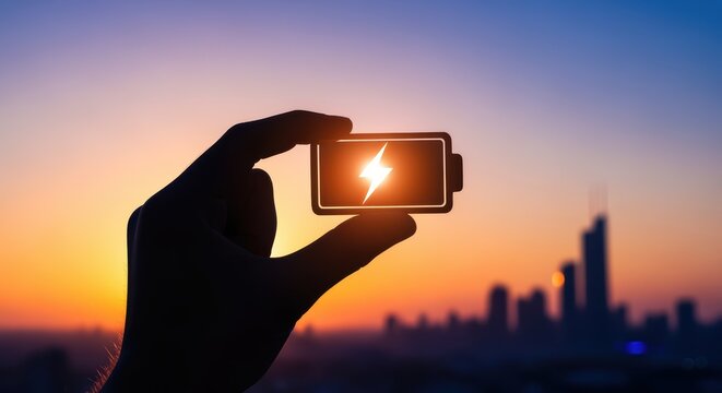 Hand holding a glowing battery with a city skyline silhouette in the background