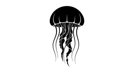 Simple black silhouette of a jellyfish with flowing tentacles, on an isolated white background. © paijo