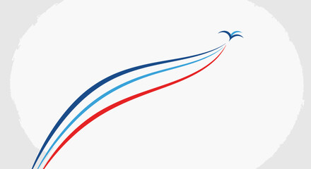 Obraz premium Abstract Red White Blue Dynamic Swoosh Lines with Flying Bird on Light Gray Background