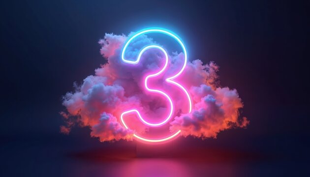 Neon number three glows pink and blue inside colorful cloud. Abstract background conveys futuristic energy and modern tech vibes. Number symbol floats in dreamlike atmosphere.
