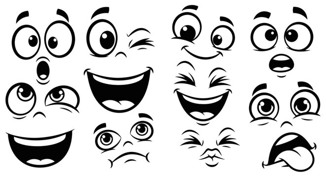 Large set of diverse cartoon emoji facial expressions including happy, surprised, winking, and kissing, on an isolated white background.