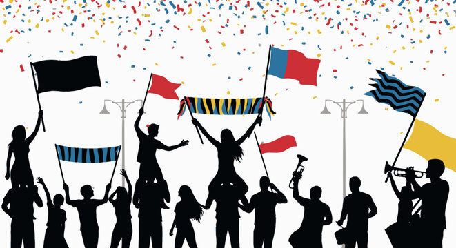 Diverse group of people celebrating joyfully with colorful flags and falling confetti in a street parade.