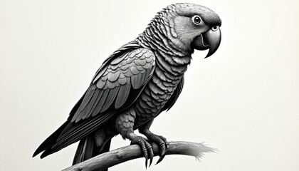 Obraz premium Detailed monochrome sketch of parrot perched on branch. Scratchboard style illustration fine lines, high contrast, ideal for nature vintage themed designs. Perfect for educational artistic content.