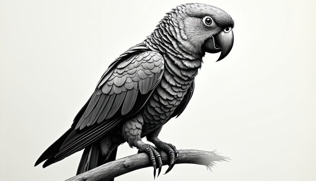 Detailed monochrome sketch of parrot perched on branch. Scratchboard style illustration fine lines, high contrast, ideal for nature vintage themed designs. Perfect for educational artistic content.
