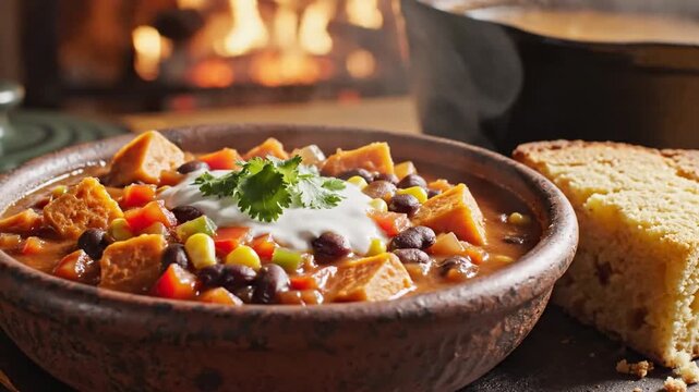 Hearty chili with cornbread served by warm fireplace
