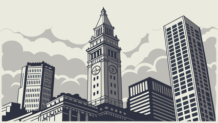 Obraz premium Monochrome Cityscape View Featuring Tall Clock Tower Surrounded by Modern Commercial High Rise Buildings Under Cloudy Sky boston skyline vector