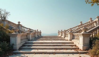 Obraz premium Stone stairs with ornate balustrades lead upwards to hazy horizon. Sunlight illuminates path and surrounding foliage. Scene evokes grandeur and exploration, inviting viewers towards distant landscape.