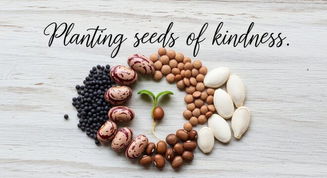 Assortment of seeds arranged with a sprout in center