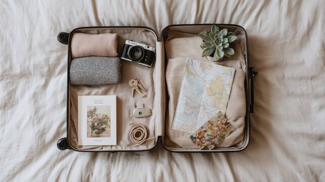 Packed Suitcase With Personal Items Ready for Travel on a Light Linen Bed With Soft Natural Light in a Cozy Setting