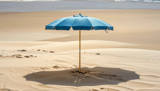 Blue sun umbrella on sand dune at sunny beach vacation scene