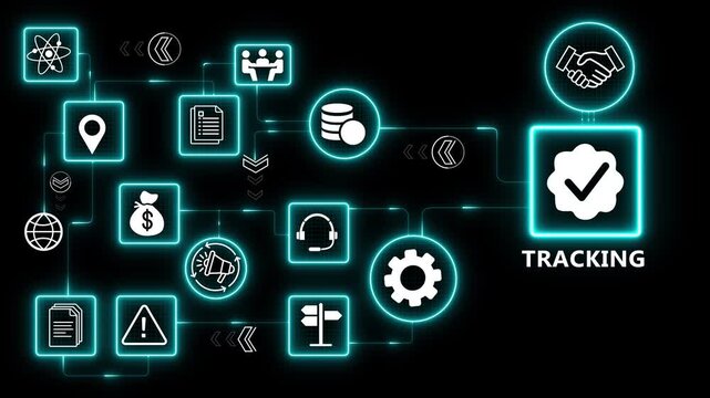 Tracking system with data monitoring and workflow management for business performance analysis and operational efficiency optimization 4k black background visuals