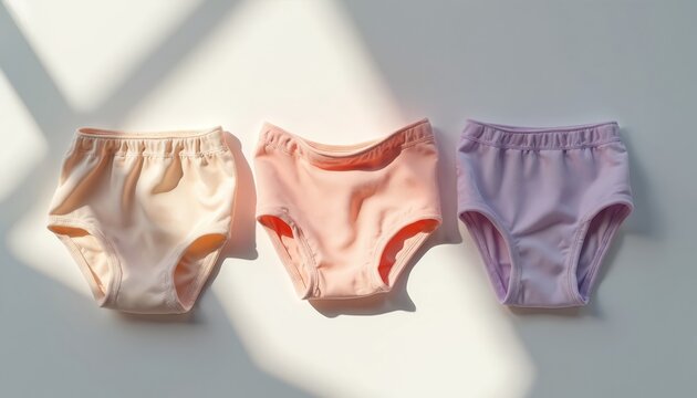 Three pastel menstrual panties laid flat on white surface. Soft colored period underwear in beige, pink, lavender. Modern feminine hygiene essentials for comfort, style. Gentle fabric, simple design.