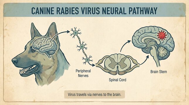 Canine rabies virus neural pathway illustration