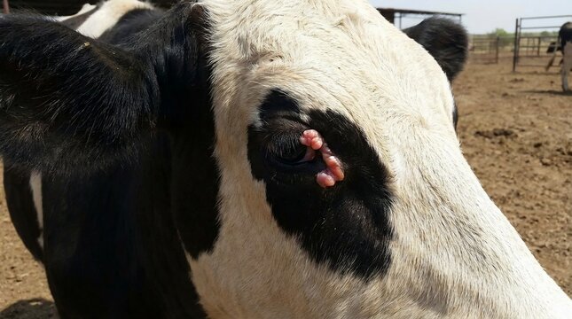 Close-up of cow with pink warts around eye in farm setting