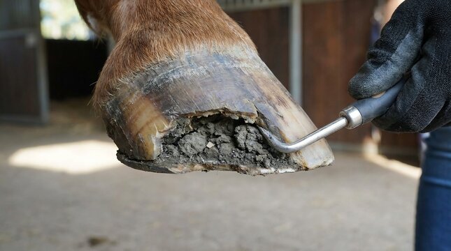 Veterinarian trimming damaged horse hoof with hoof pick