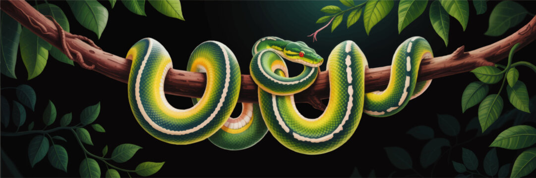 Tropical green tree python coiled on branch, detailed jungle snake illustration with leaves on dark background, panoramic banner