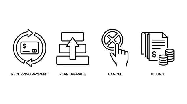 Financial Transaction Icons Recurring Payment, Plan Upgrade, Cancel, and Billing