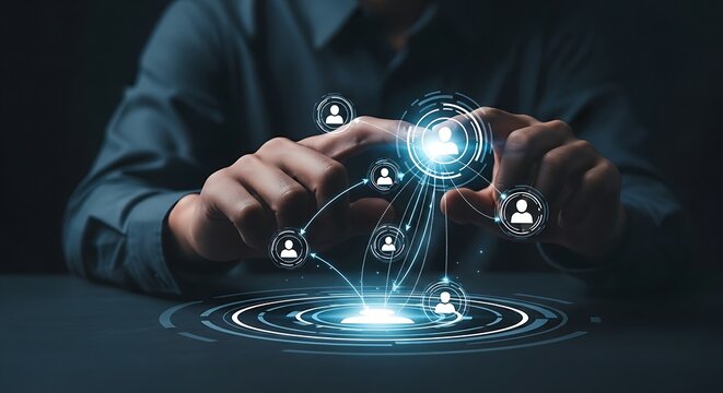 Affiliate marketing network. A marketer's hands build a holographic network of partners, with commissions flowing back to affiliates after a sale is completed.
