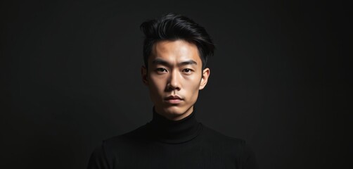 Obraz premium Pensive Asian man wears black turtleneck. He poses with serious expression against dark background. Dramatic studio lighting accentuates his facial features.