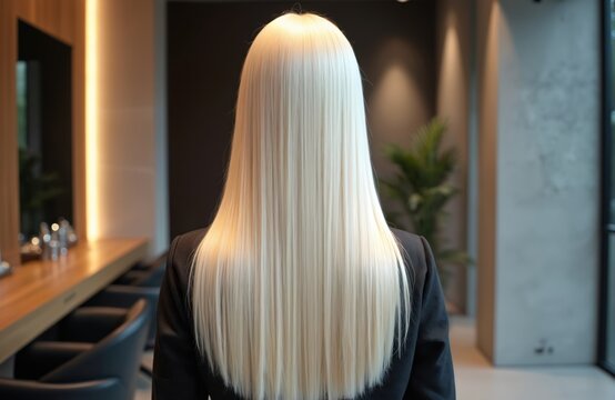 Back view of person with long, straight, blonde hair styled in modern salon. Fresh color trends shown with vibrant shine and smooth finish. Haircare session completed.