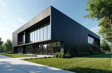 Obraz premium Modern black building with large glass windows sits on green lawn. Minimalist facade shows clean lines, geometric shapes. Nature surrounds structure on sunny day. Sustainable design reflects industry