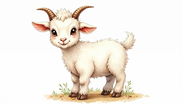 Cute white kid goat stands in grass. Watercolor illustration of a small farm animal. Adorable young goatling with tiny horns and fluffy wool. Gentle creature smiles sweetly.