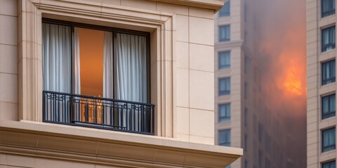 Fototapeta premium Apartment window with sheer curtains and balcony overlooking a cityscape, warm light glowing from inside during twilight hours