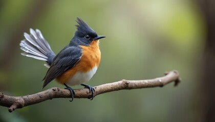 Fototapeta premium Small bird with orange chest and spiky head feathers sits on tree branch. It has a fanned tail and looks to the right in nature setting. Background is soft green blur.