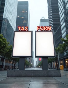 Two empty billboards on city street with TAX FORM red text. Modern buildings and trees line the avenue. Blank spaces for announcements or ads.