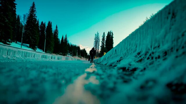 Person Walking on Icy Road in Winter Cold Weather Scene
