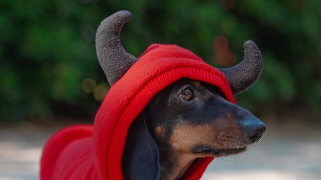 Dachshund dog in red devil Halloween costume outdoors in nature, funny spooky pet video, holiday animal humor concept, Halloween.