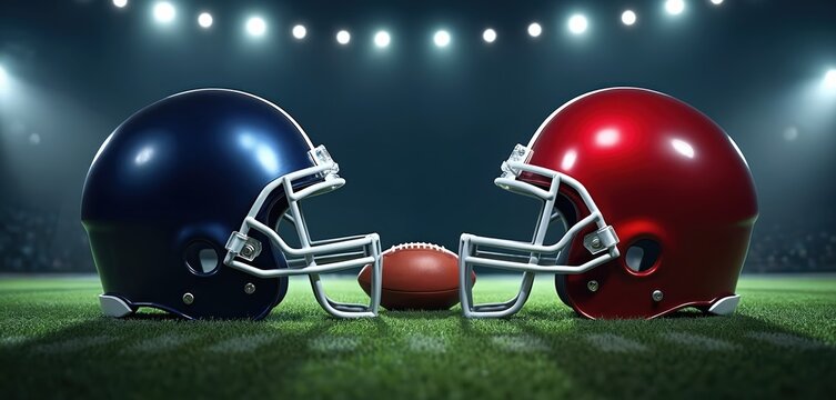 Two american football helmets, red and blue, confront each other on grass field under stadium lights. Football rests between them ready for game, intense sports competition.