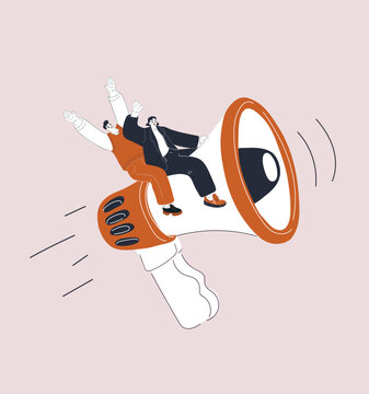 Cartoon vector illustration of people riding a megaphone through the air, symbolizing ideas taking flight